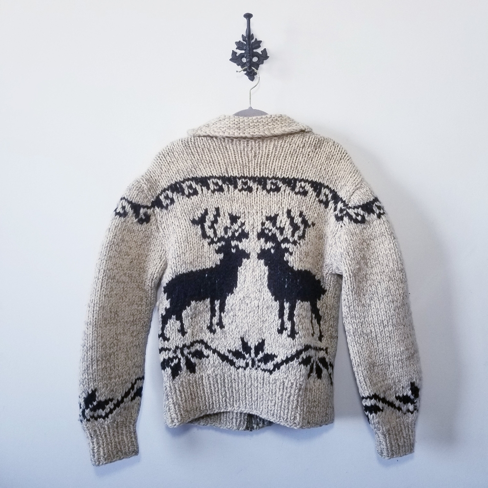 Cowichan Sweater Deer 100% Wool Cardigan Size M/L - Picture 2 of 3